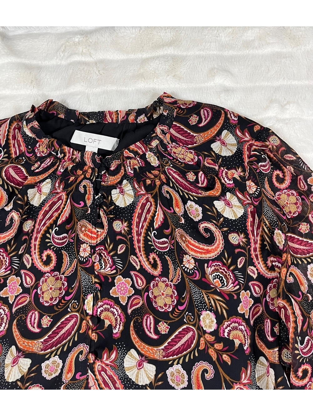 LOFT Women's XL Black Red Paisley Sheer Sleeve Flowy Peasant Fall Blouse
